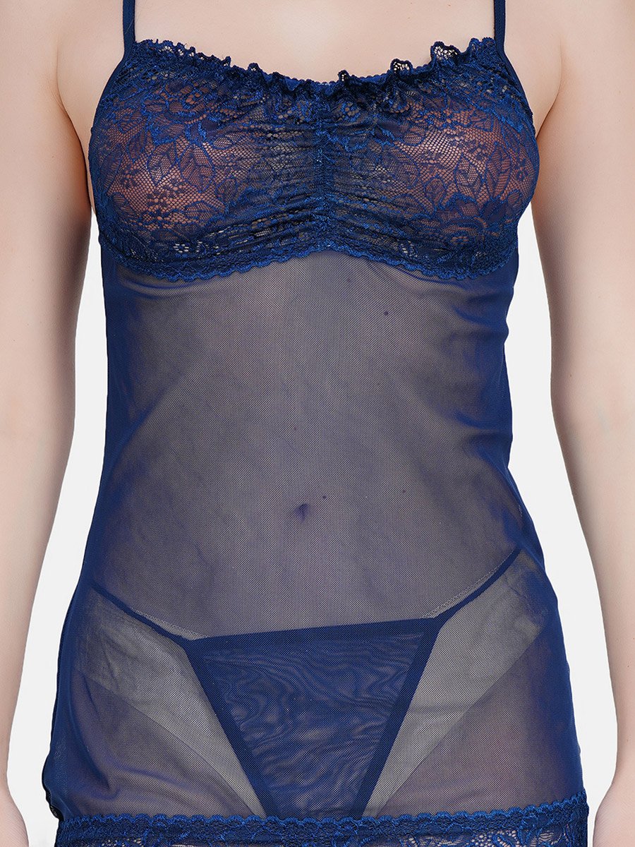 Women Blue Lace Self Design Babydoll and Brief Set