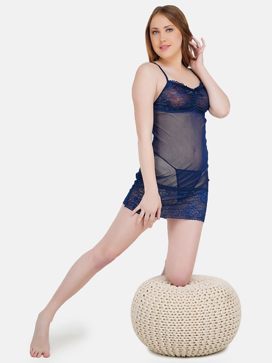 Women Blue Lace Self Design Babydoll and Brief Set