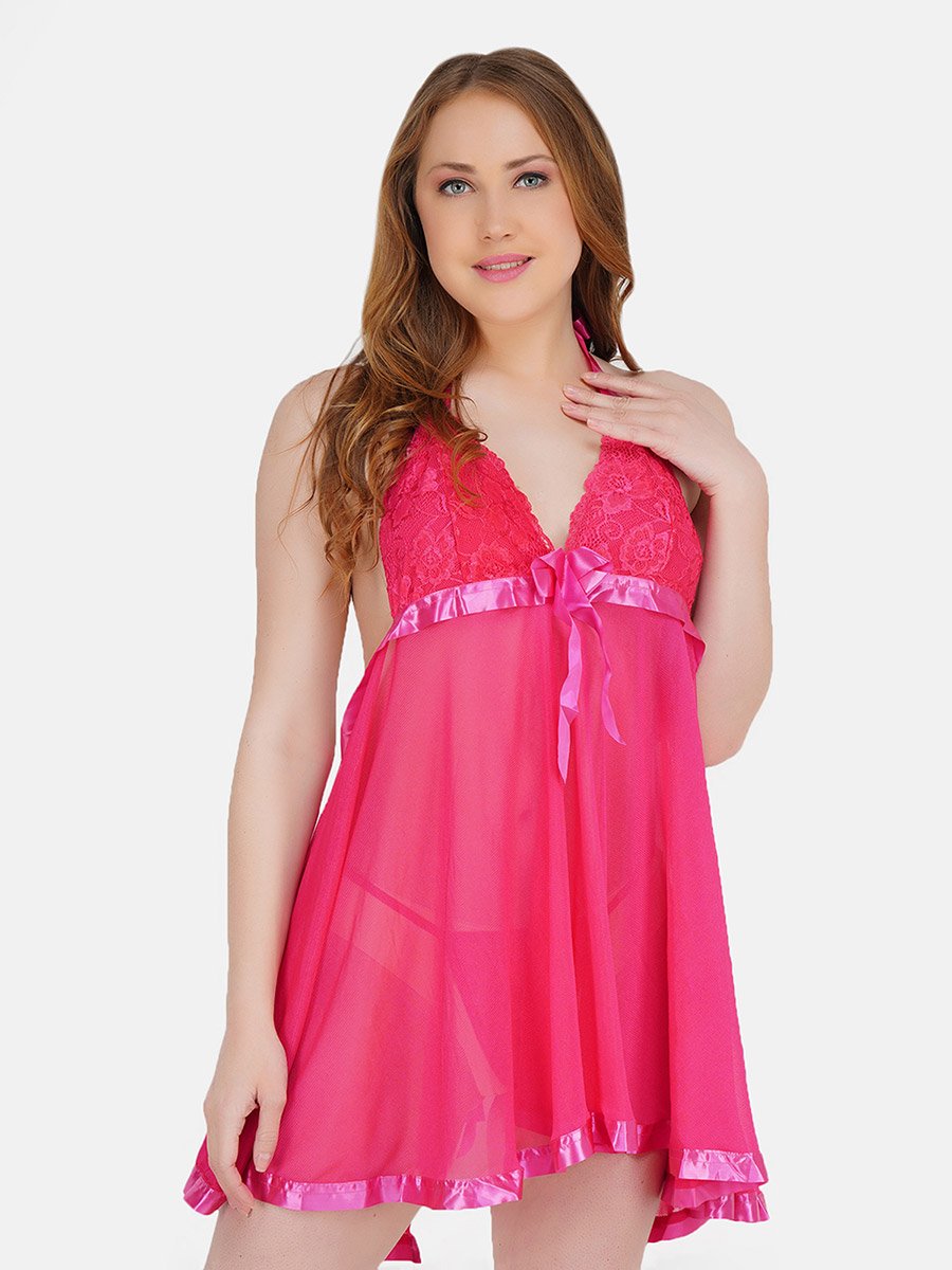 Women Pink Self Design Lace Babydoll and Brief Set