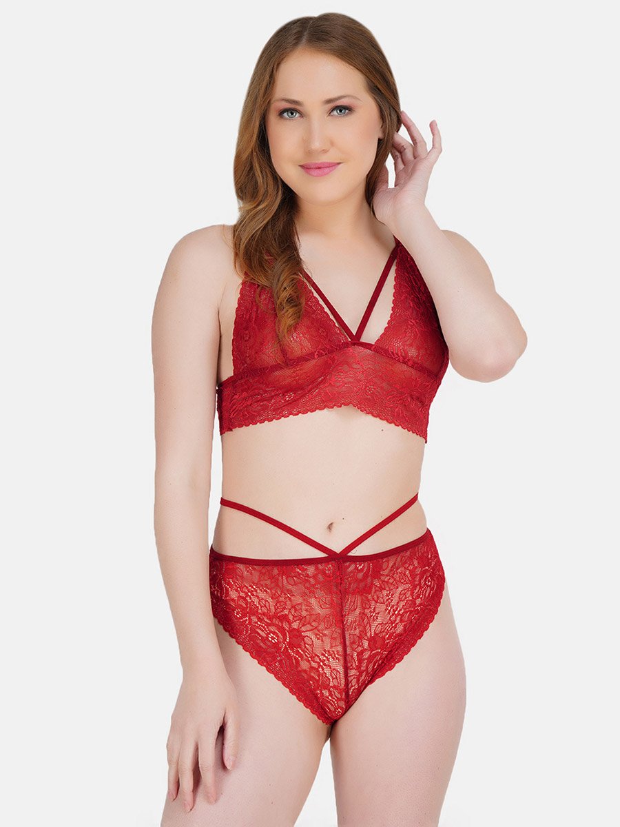 Women Red Lace Self Design Top and Bikini Set