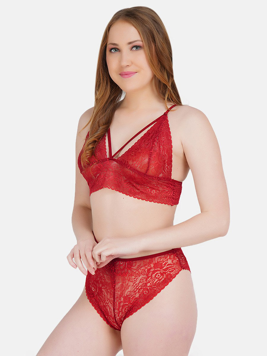 Women Red Lace Self Design Top and Bikini Set