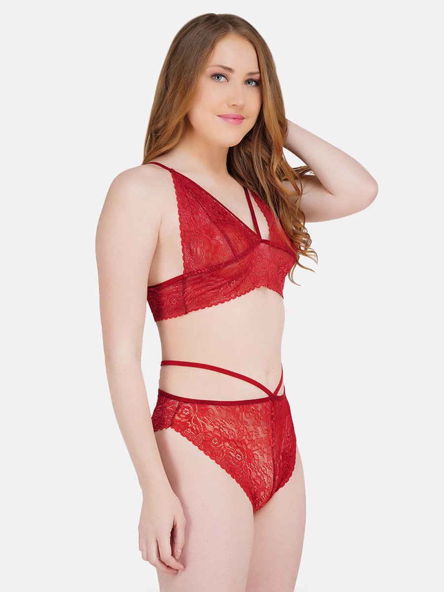 Women Red Lace Self Design Top and Bikini Set
