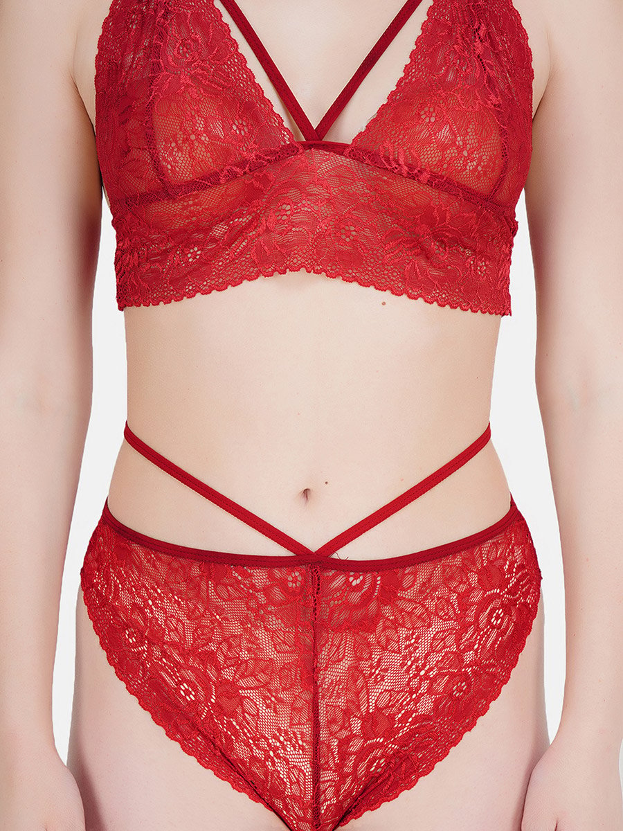 Women Red Lace Self Design Top and Bikini Set
