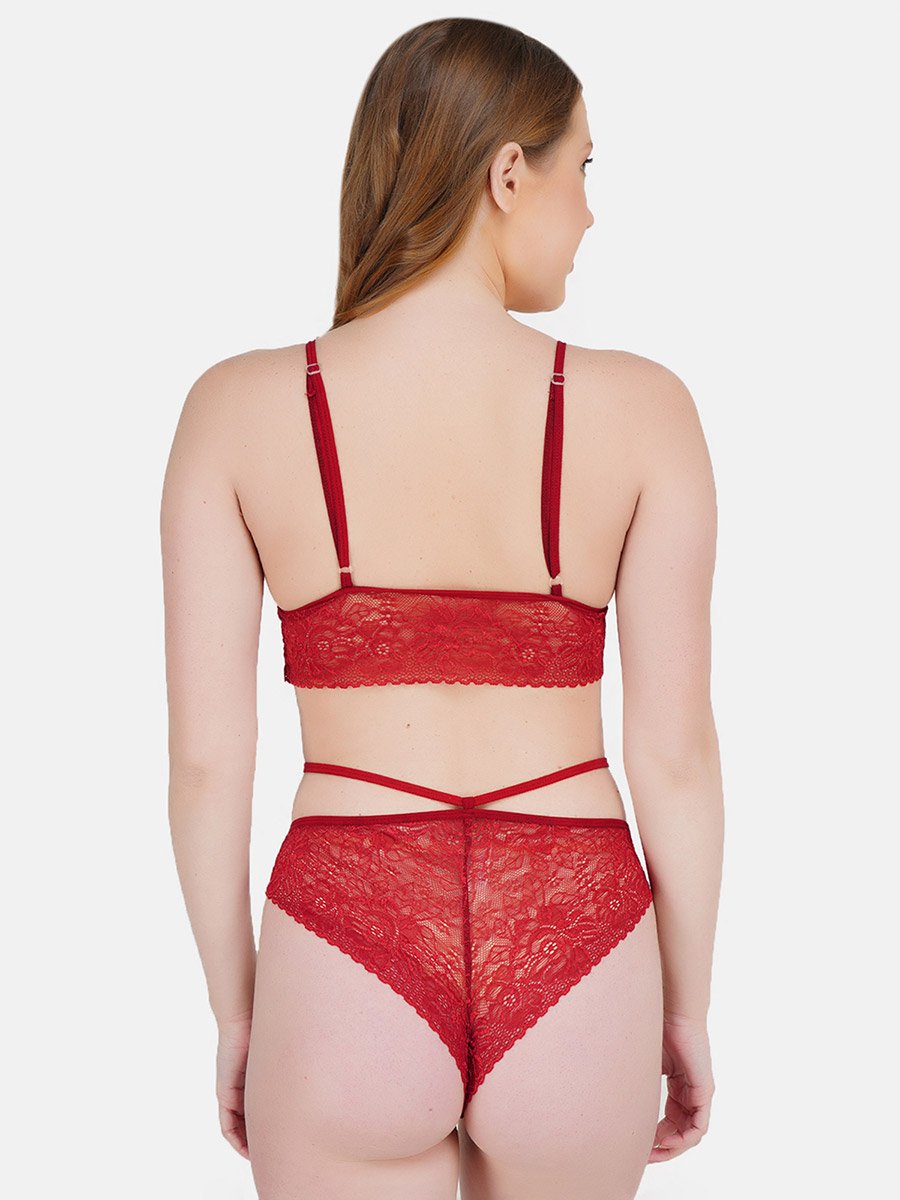 Women Red Lace Self Design Top and Bikini Set