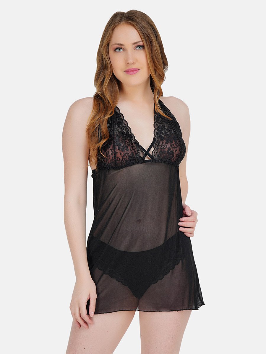 Women Black Lace Babydoll with Brief Set