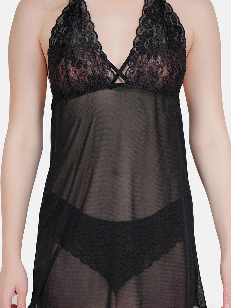 Women Black Lace Babydoll with Brief Set
