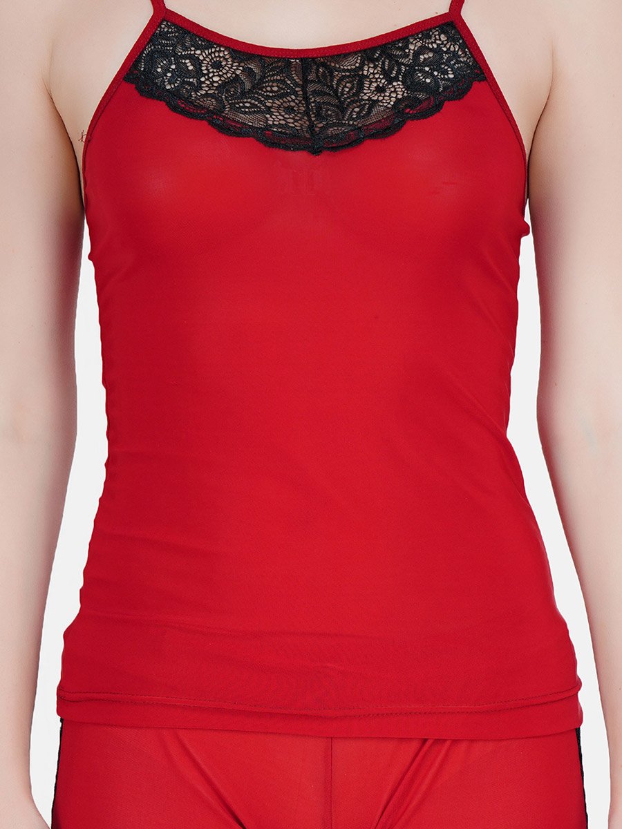 Women Red Lace Trim Cami and Shorts Set