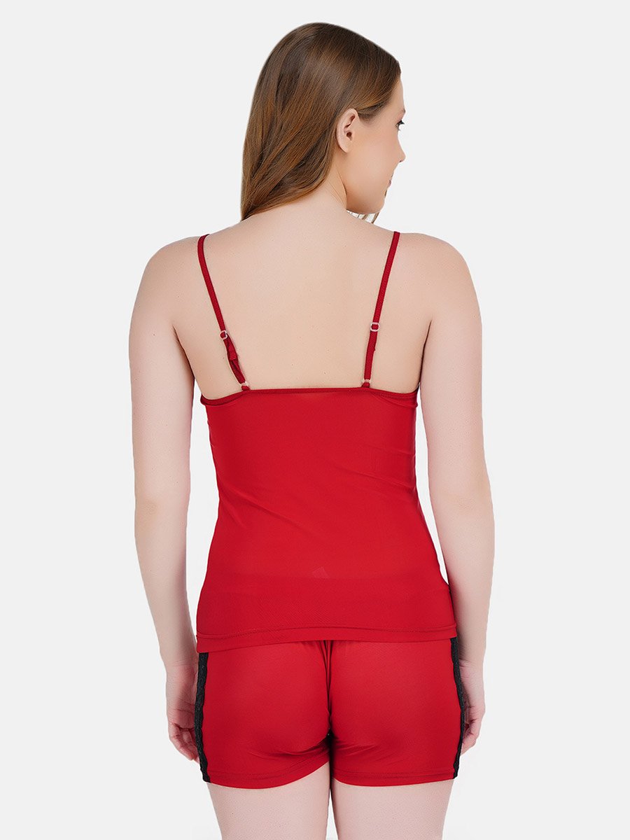 Women Red Lace Trim Cami and Shorts Set
