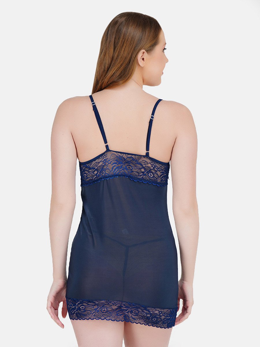 Women Navy Blue Lace Babydoll with Brief Set