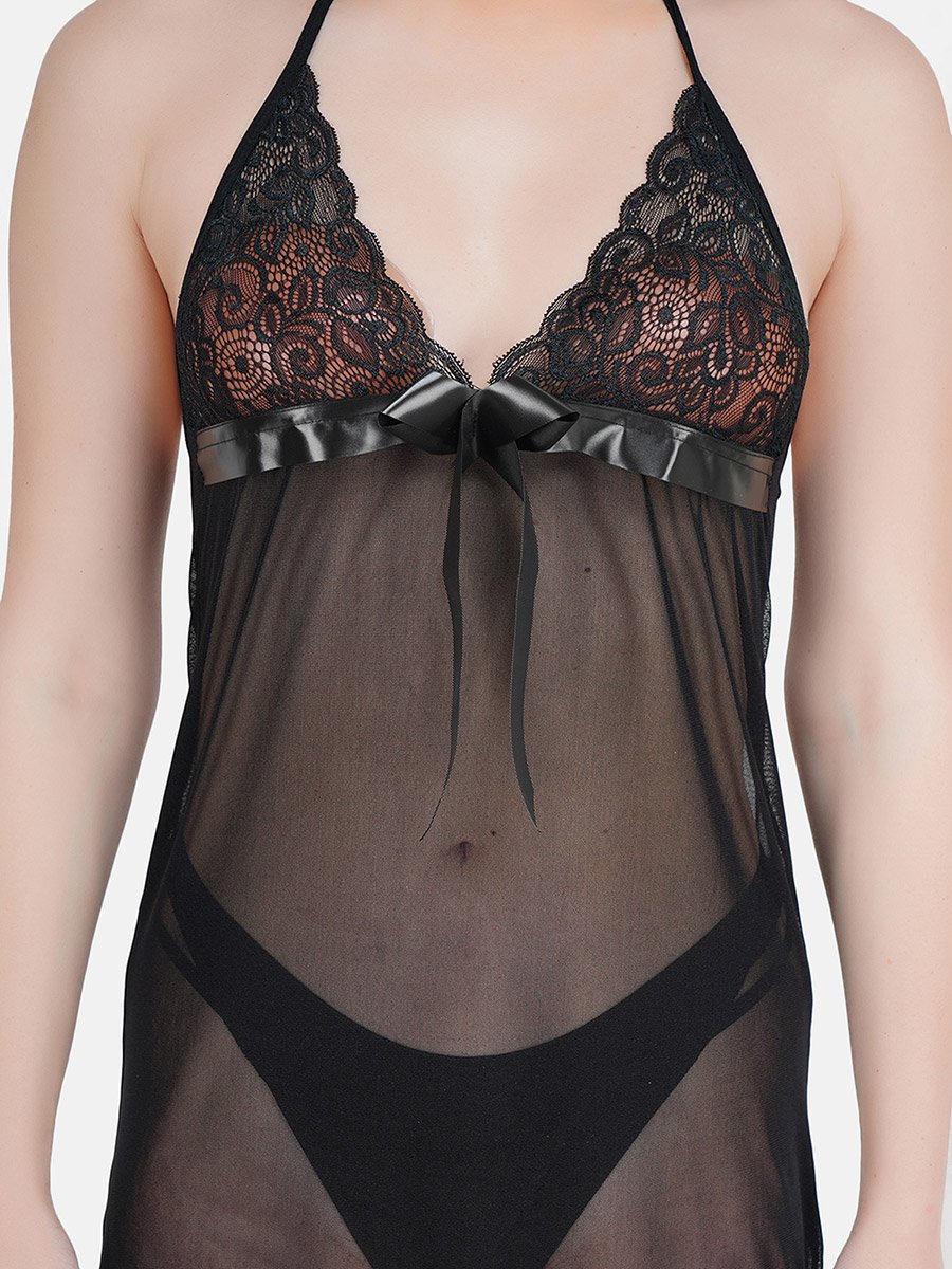 Women Black Lace Babydoll with Brief Set