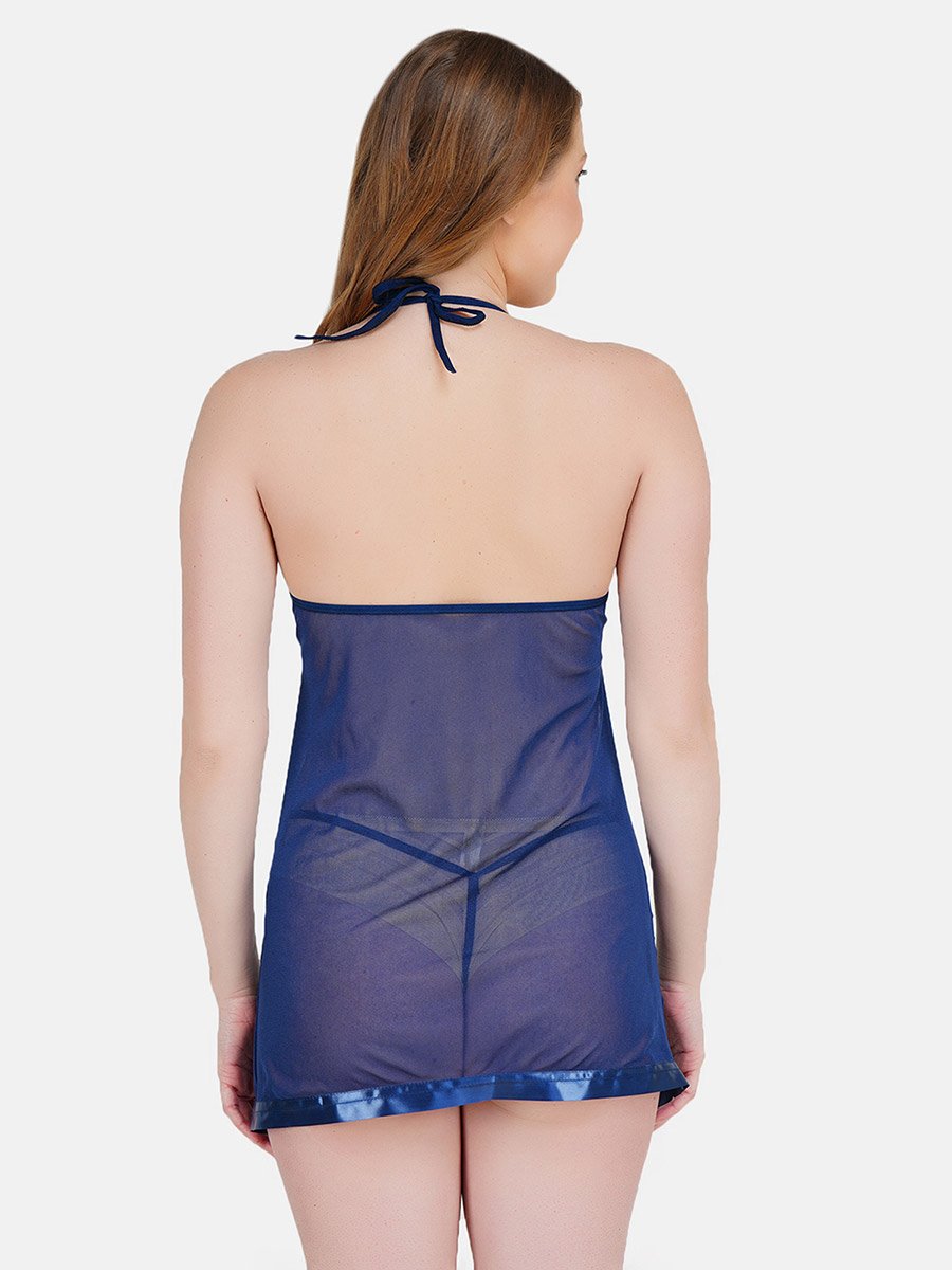Navy Blue Lace Insert Tie-Up Babydoll with Brief