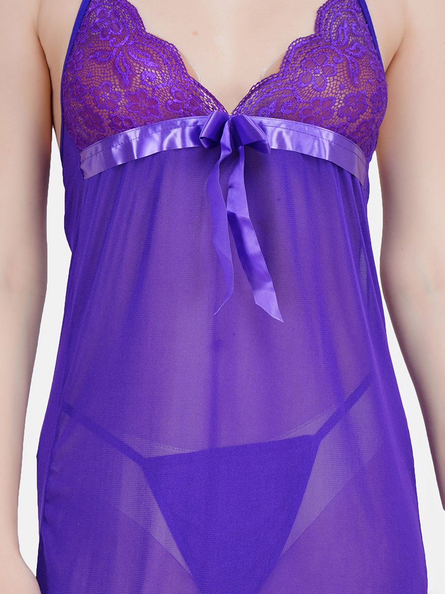Purple Lace Insert Tie-Up Babydoll with Brief