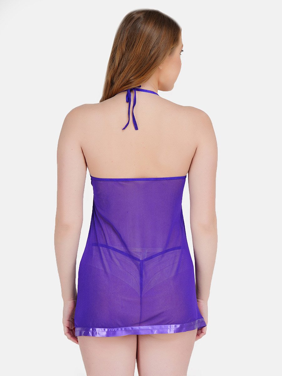 Purple Lace Insert Tie-Up Babydoll with Brief