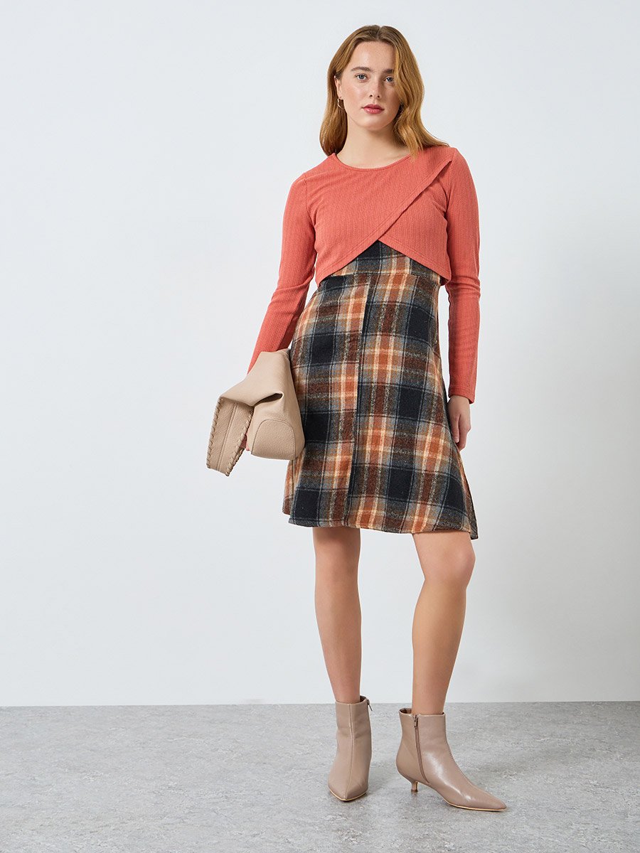 Women Knit Cardigan and Checked Cami Dress Co-Ords