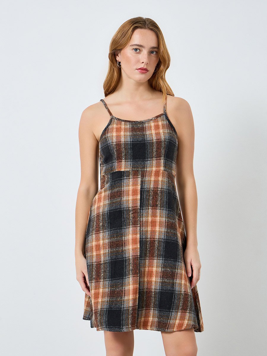 Women Knit Cardigan and Checked Cami Dress Co-Ords
