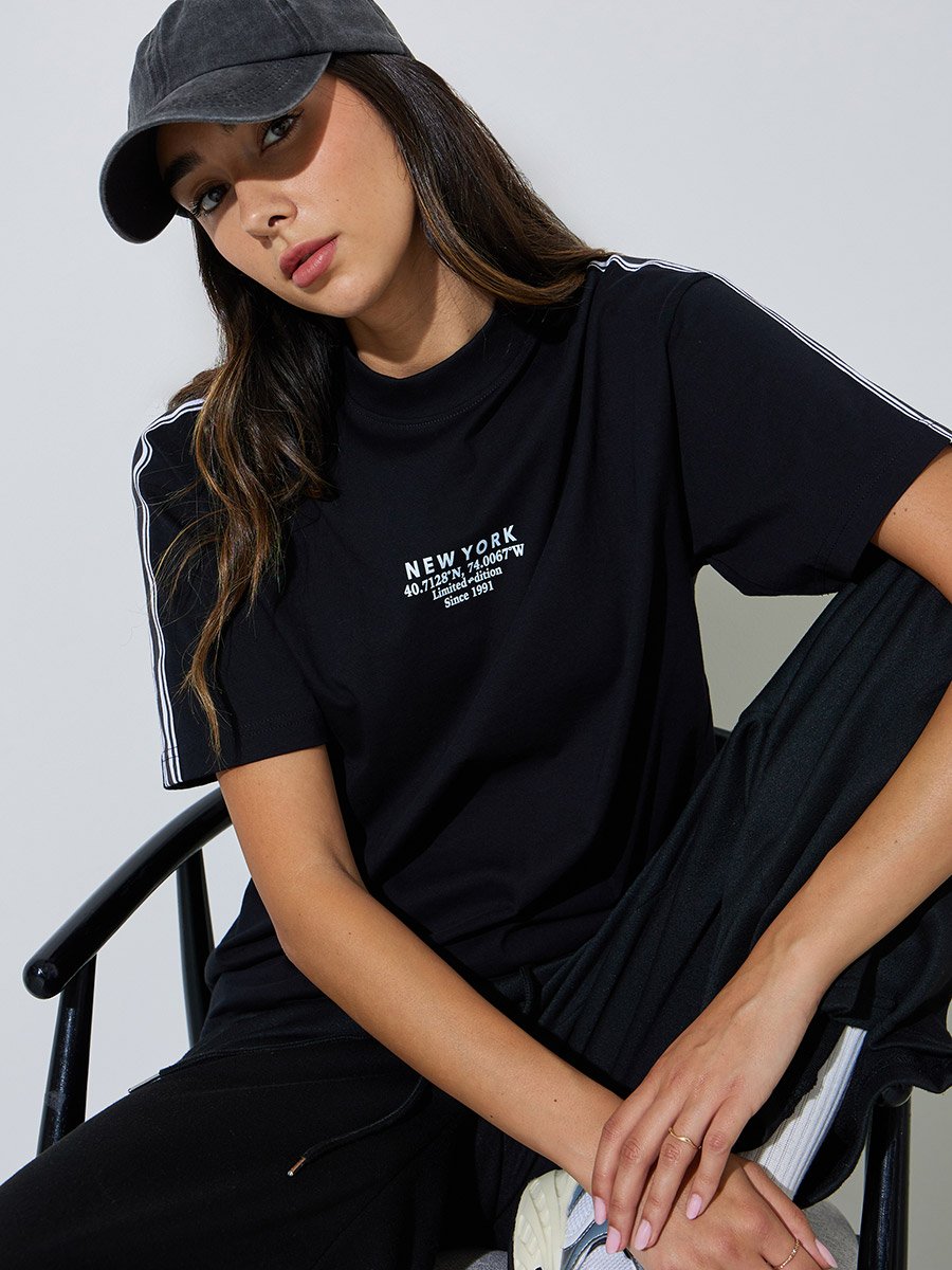 Black Taping Detail Cotton Oversized T-Shirt