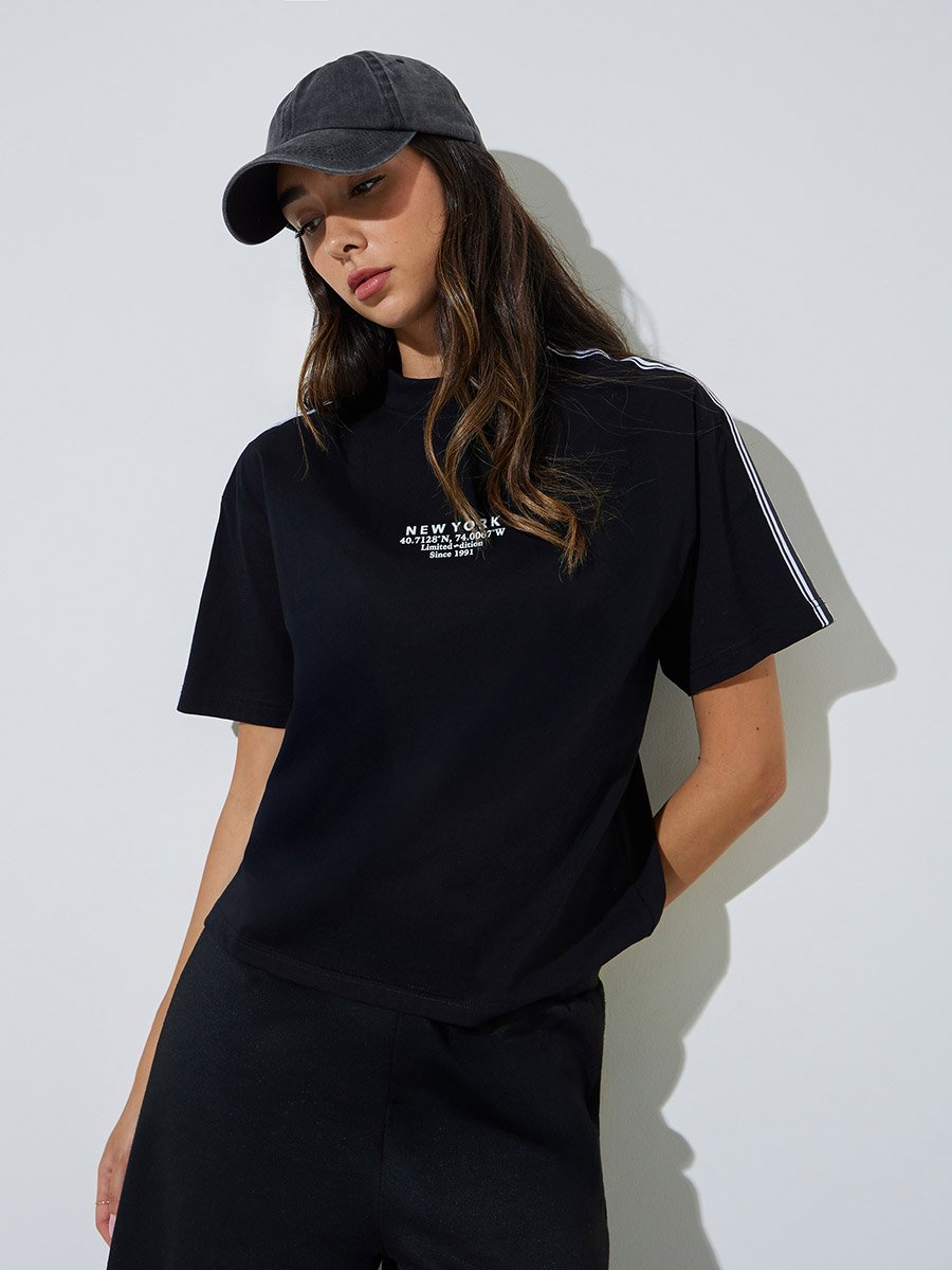 Black Taping Detail Cotton Oversized T-Shirt