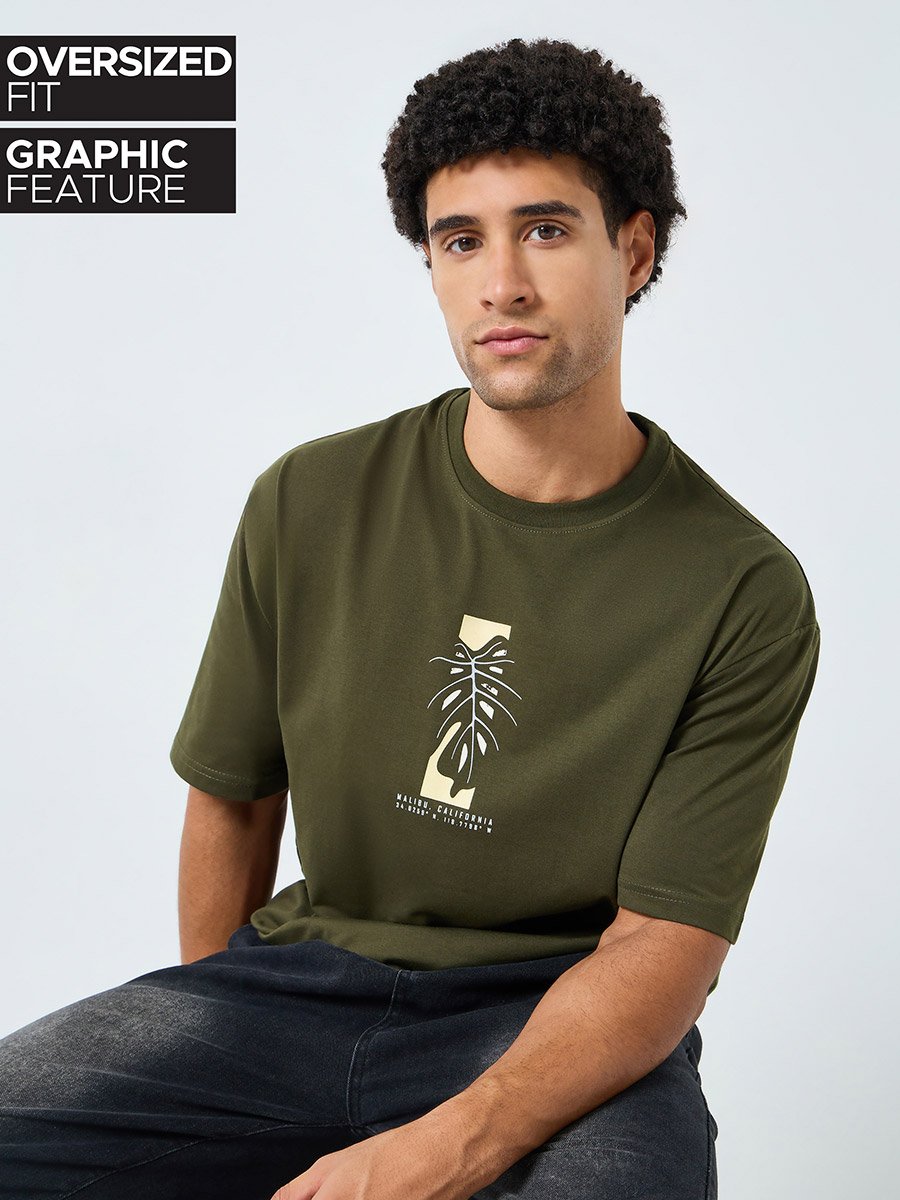 Men Green Graphic Print Oversized T-Shirt