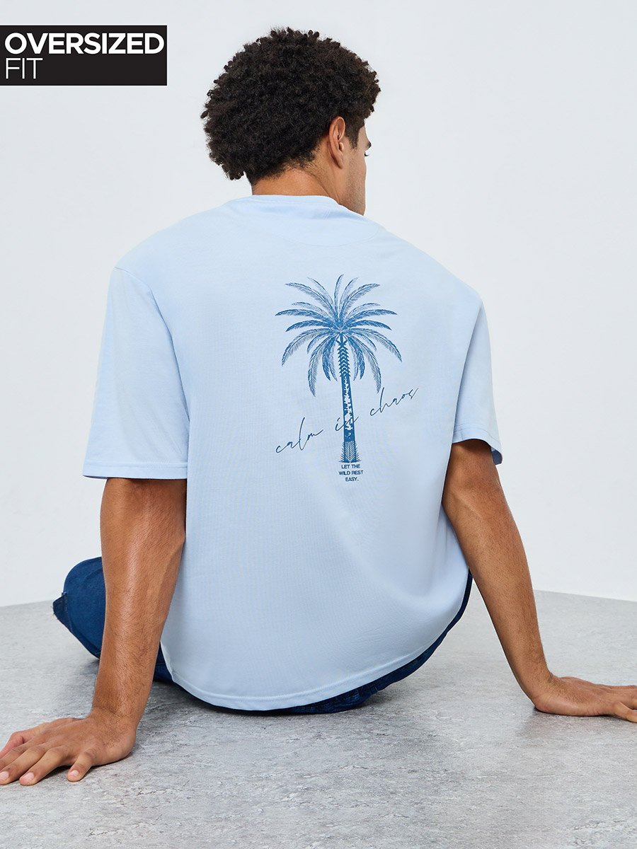 Men Blue Palm Tree Graphic Oversized T-Shirt
