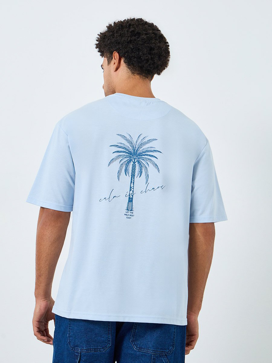 Men Blue Palm Tree Graphic Oversized T-Shirt