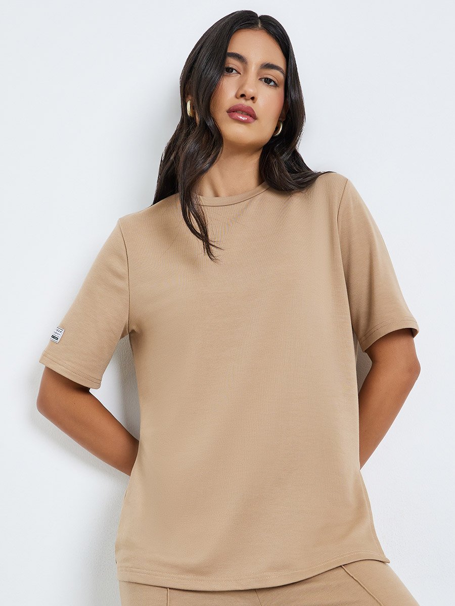 Beige Oversized Terry T-Shirt with Side Slits