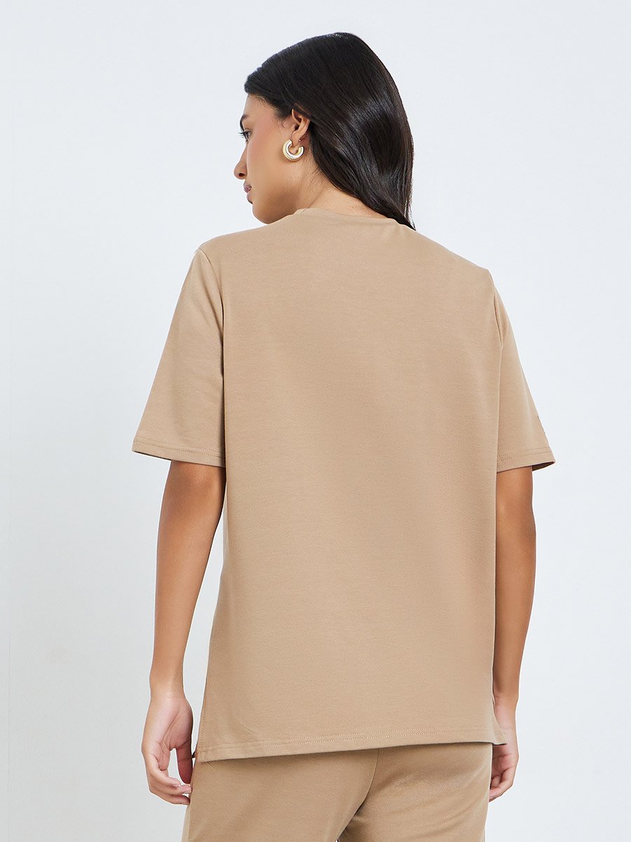 Beige Oversized Terry T-Shirt with Side Slits