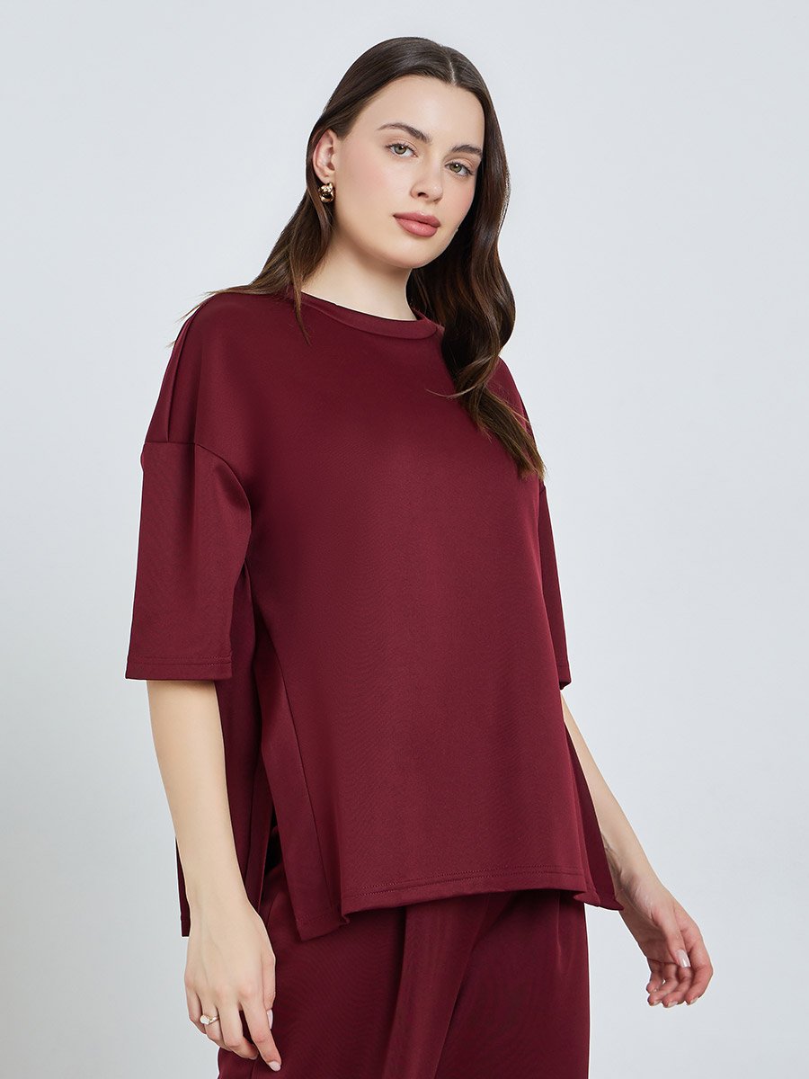 Women Burgundy Solid Oversized T-Shirt