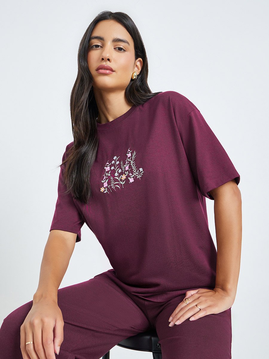 Burgundy Embroidered Floral Oversized T-Shirt