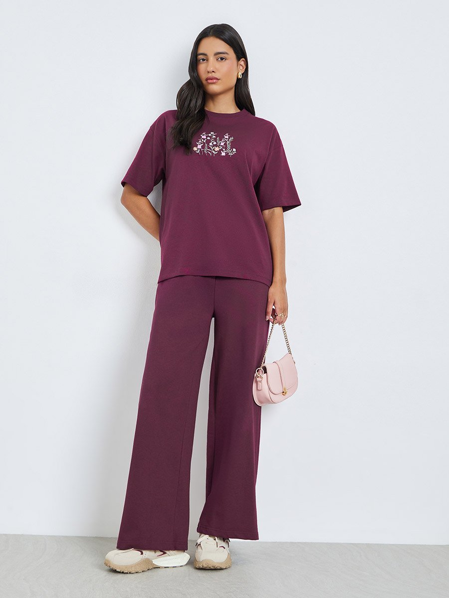 Burgundy Embroidered Floral Oversized T-Shirt