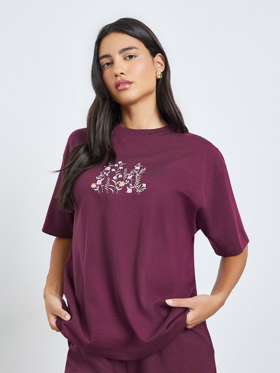 Burgundy Embroidered Floral Oversized T-Shirt