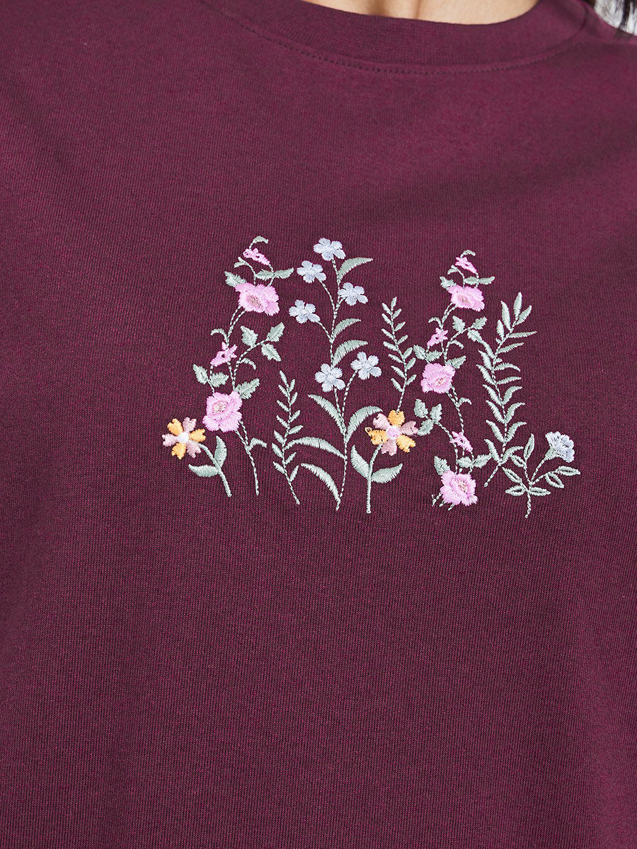 Burgundy Embroidered Floral Oversized T-Shirt