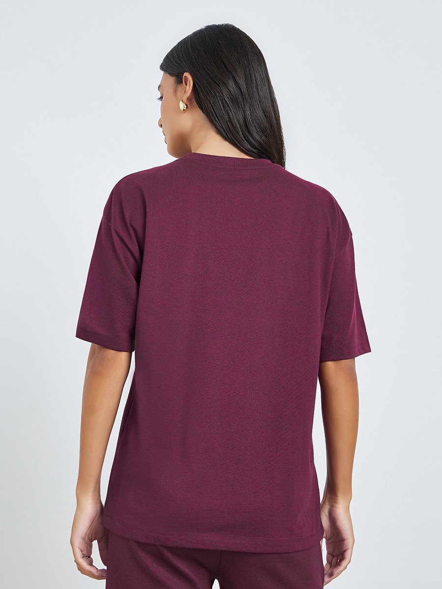 Burgundy Embroidered Floral Oversized T-Shirt