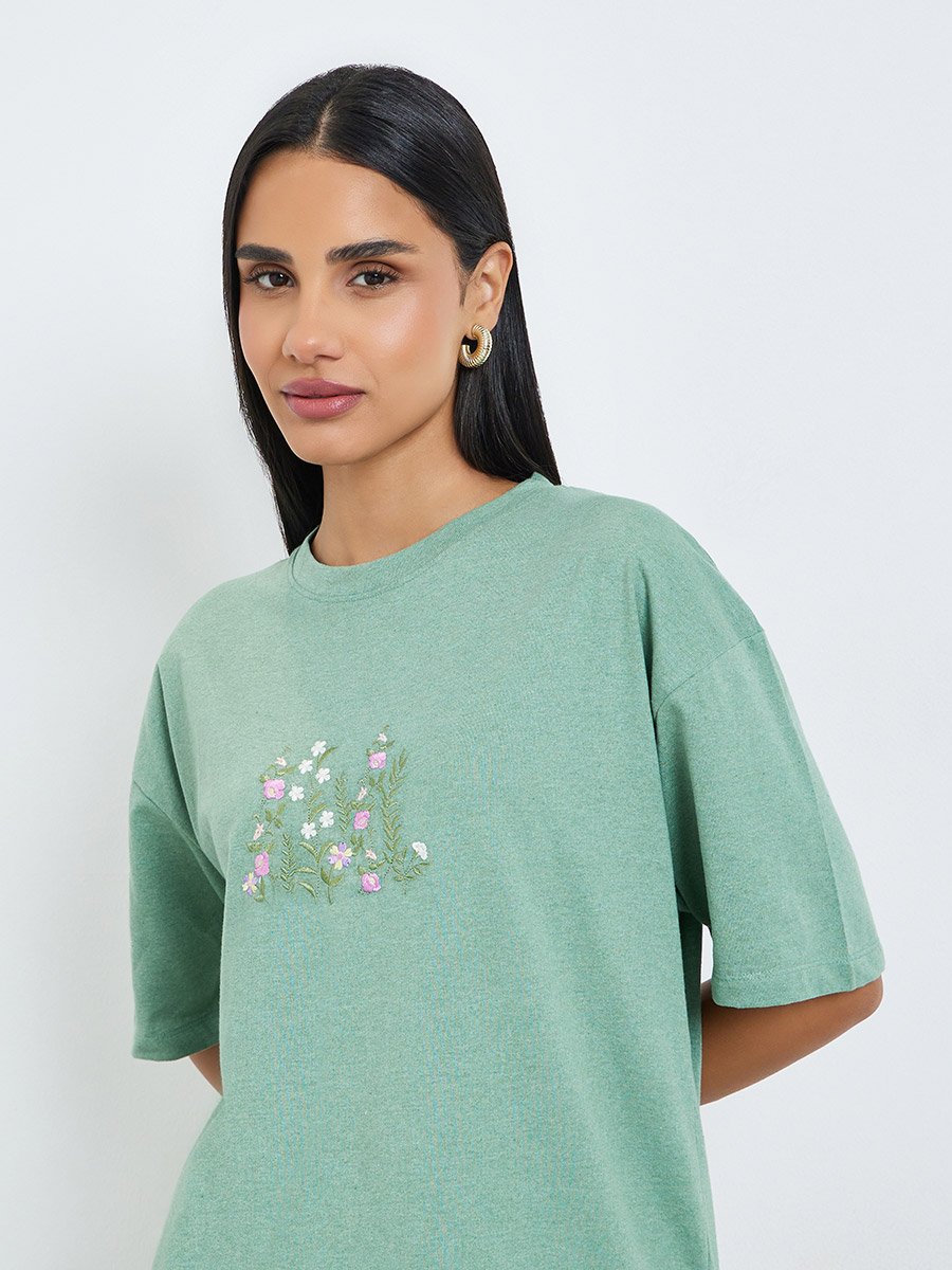 Green Embroidered Floral Oversized T-Shirt