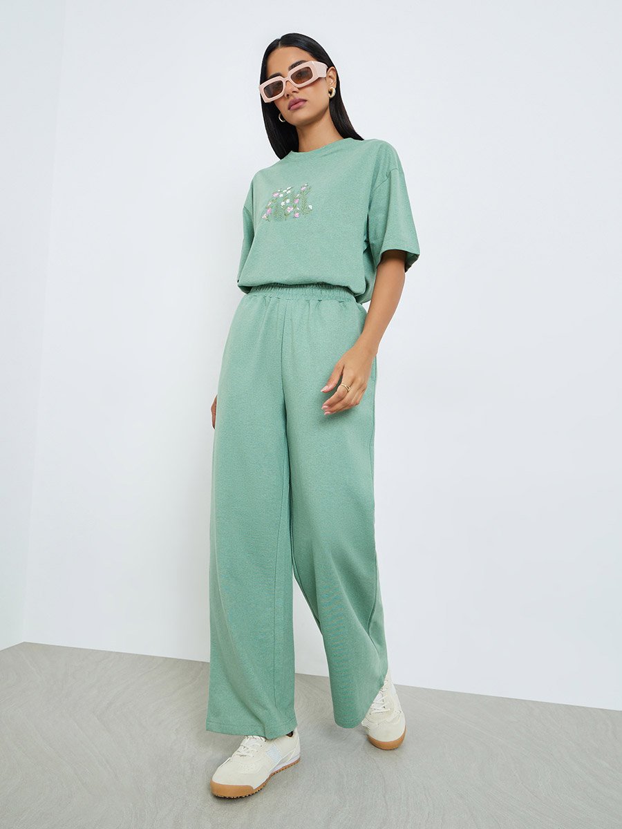 Green Embroidered Floral Oversized T-Shirt