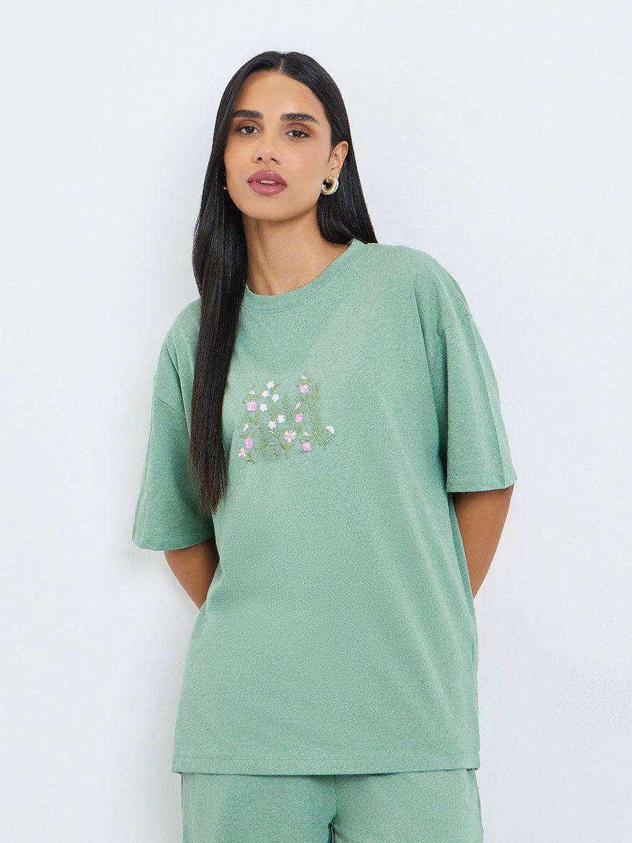 Green Embroidered Floral Oversized T-Shirt