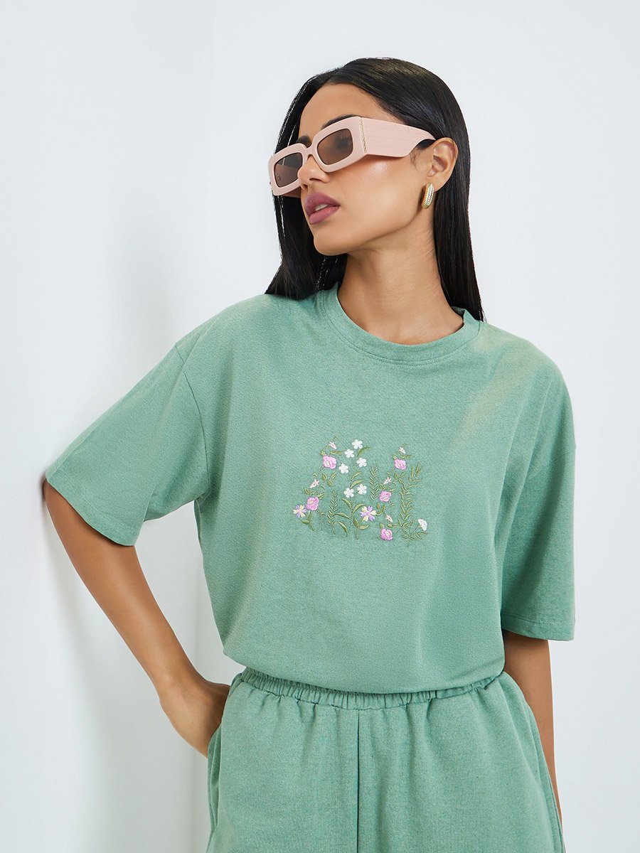Green Embroidered Floral Oversized T-Shirt