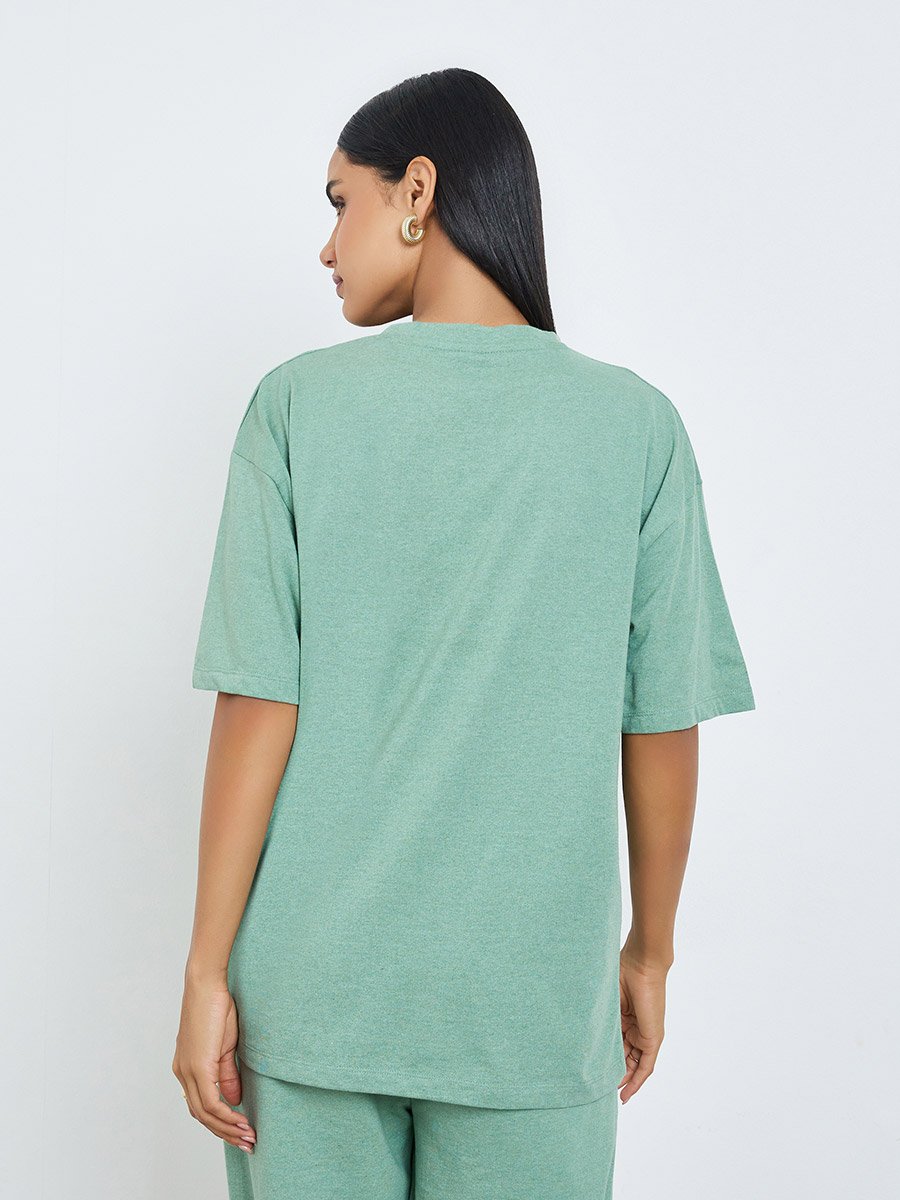 Green Embroidered Floral Oversized T-Shirt