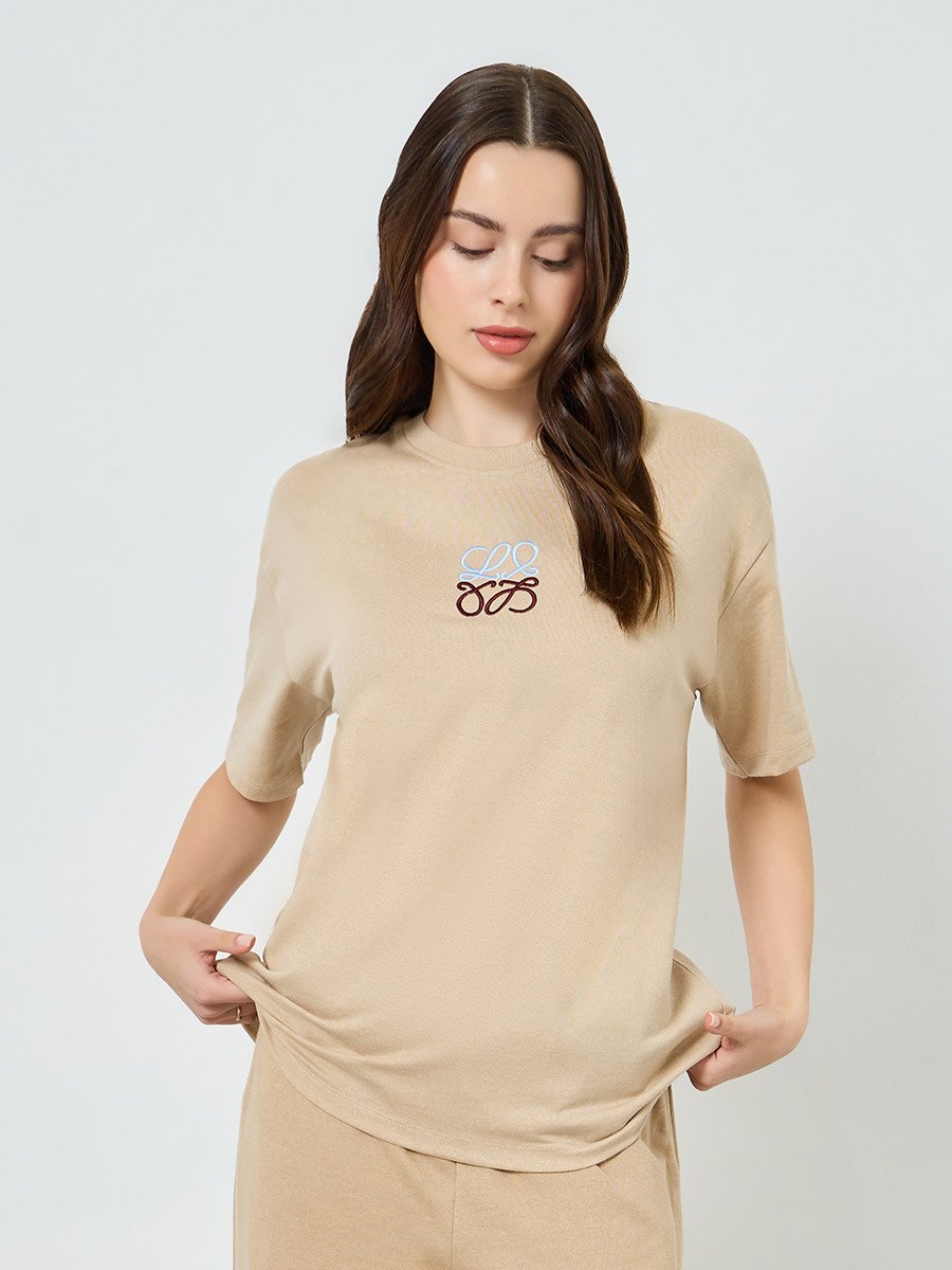 Beige Embroidered Detail Oversized T-Shirt