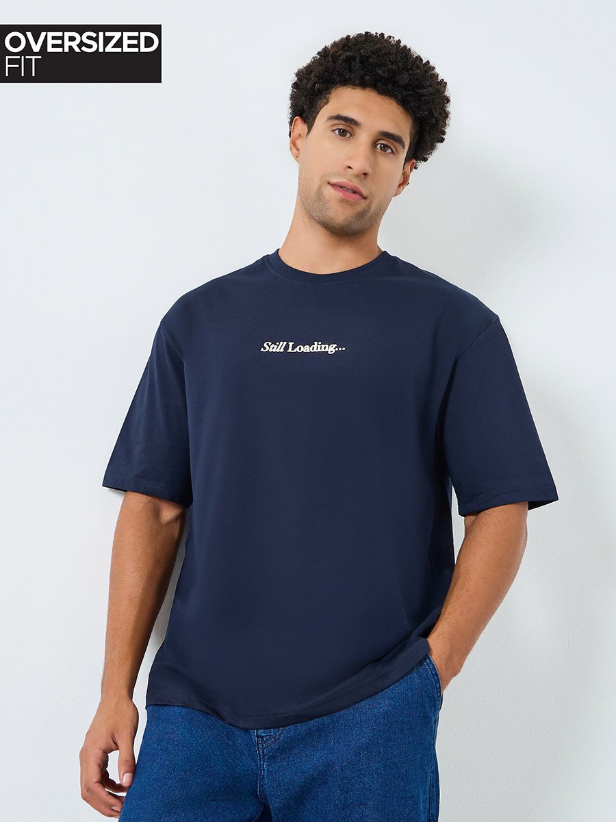 Men Navy Blue Graphic Print Oversized T-Shirt