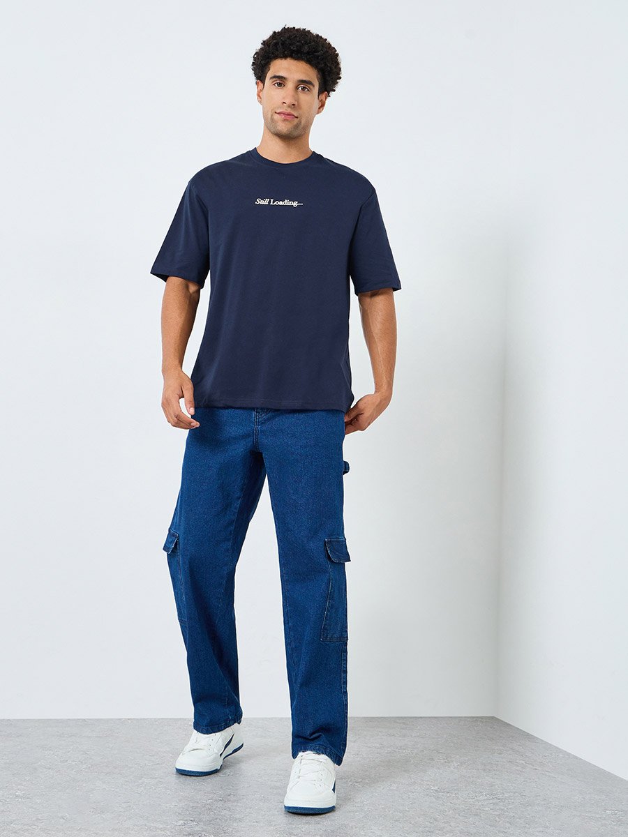 Men Navy Blue Graphic Print Oversized T-Shirt