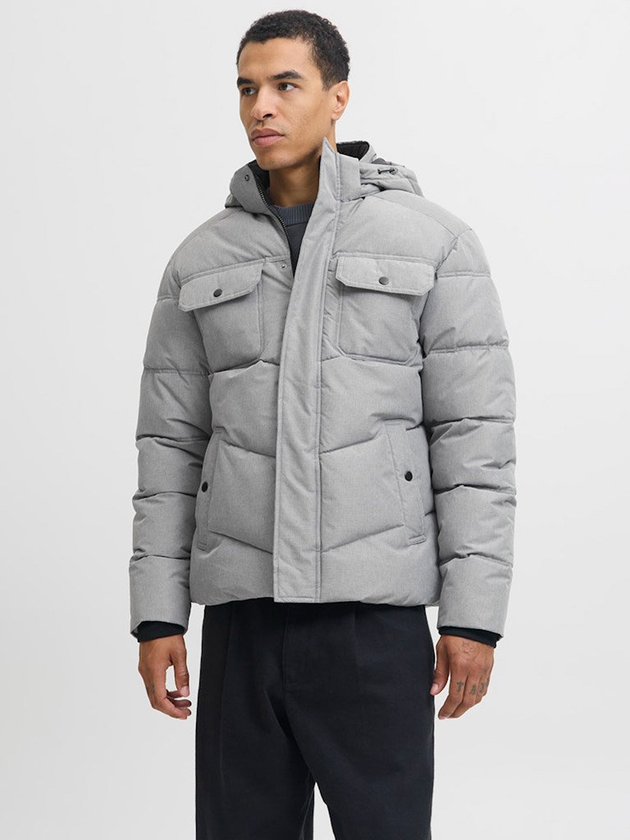 Grey Zip-Up Hooded Puffer Jacket