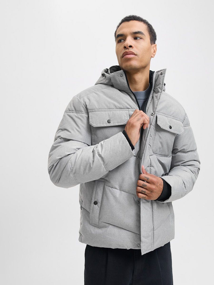Grey Zip-Up Hooded Puffer Jacket