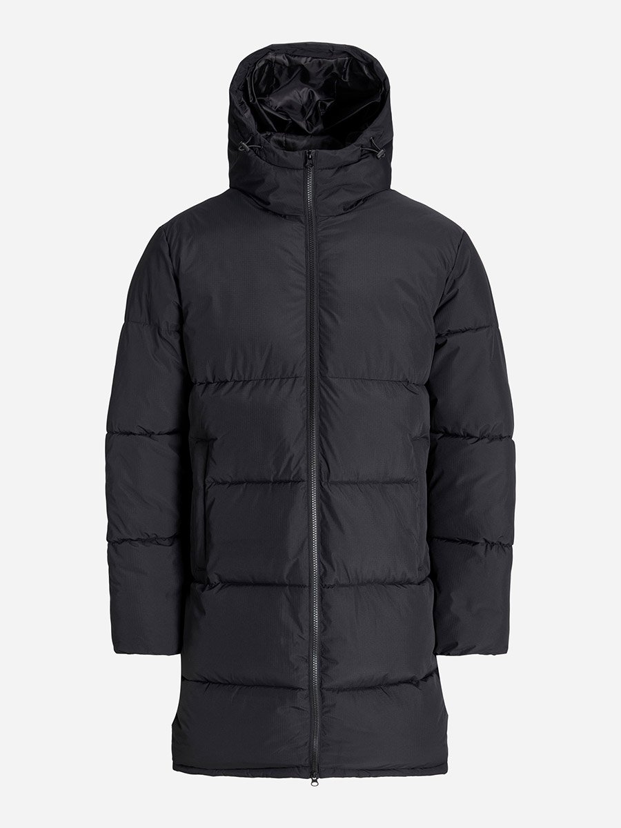 Black Zip-Up Longline Puffer Jacket with Hood