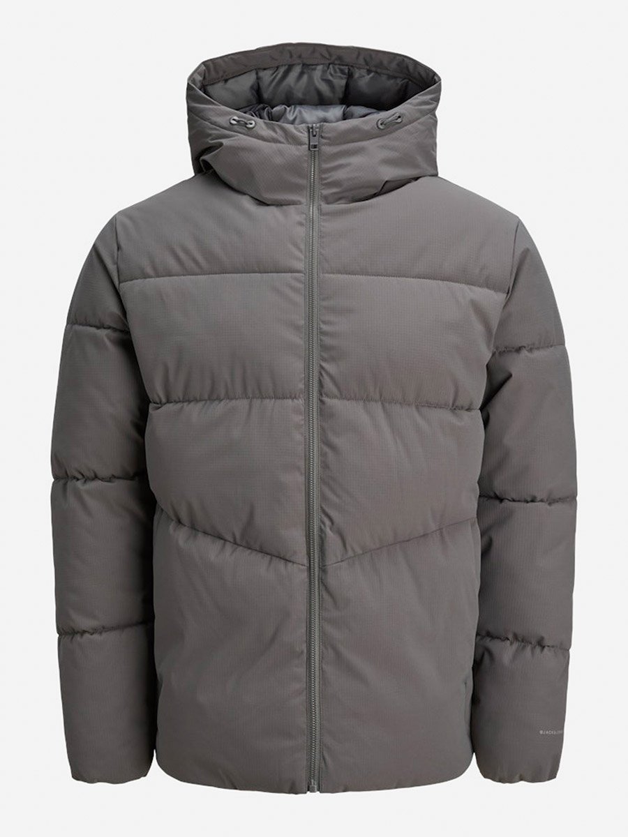 Grey Plain Puffer Jacket with Zip Closure