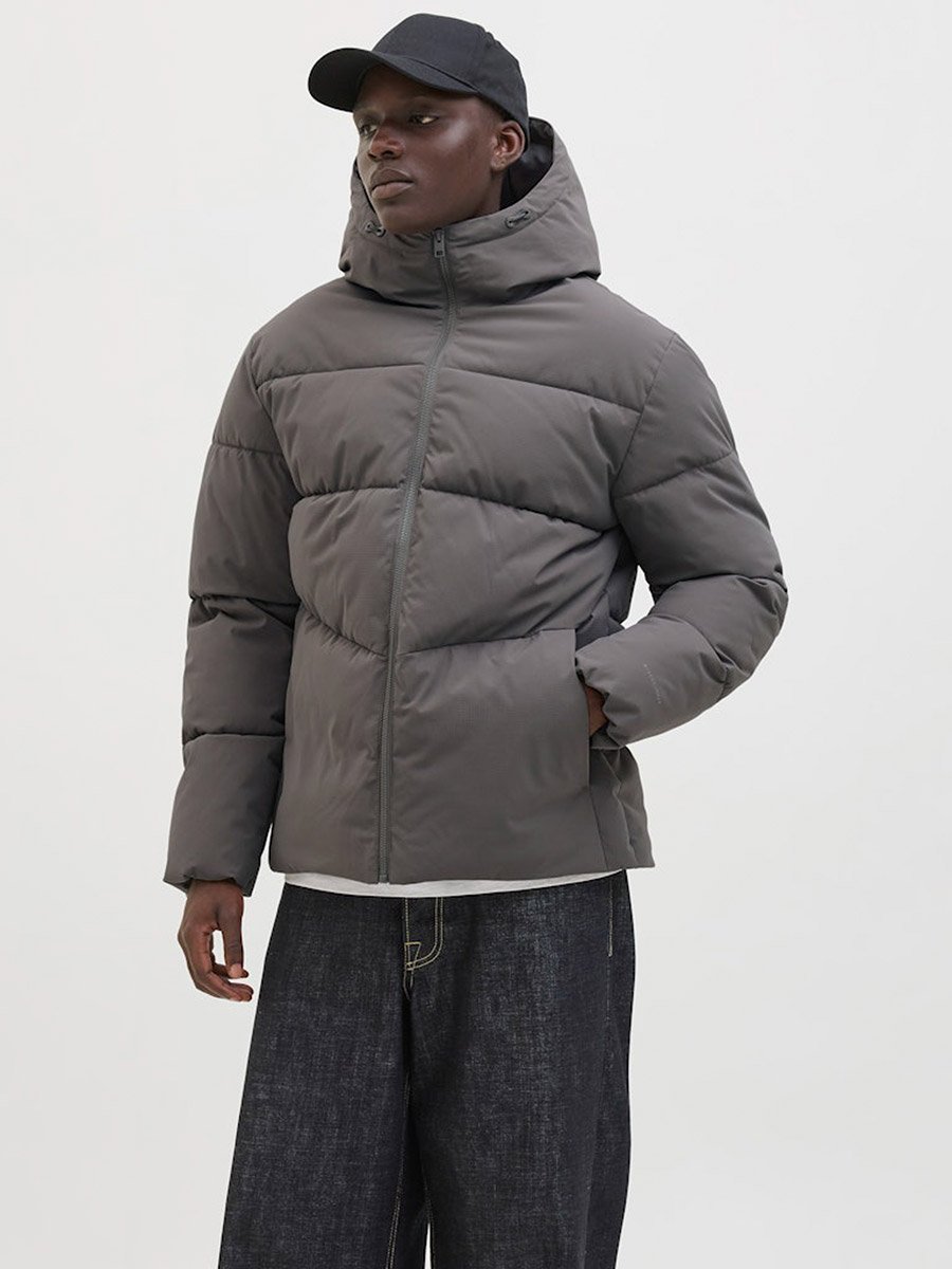 Grey Plain Puffer Jacket with Zip Closure