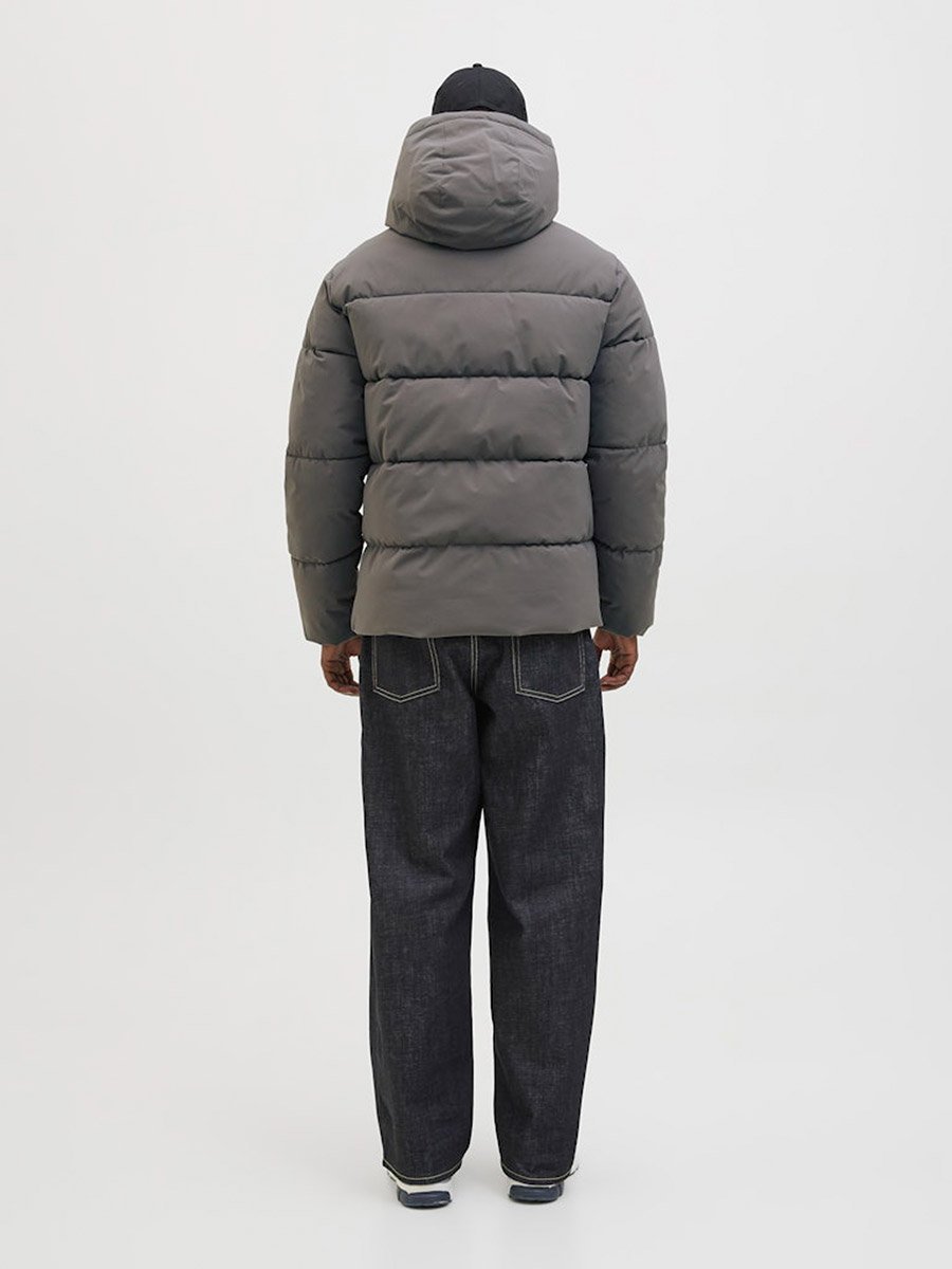 Grey Plain Puffer Jacket with Zip Closure