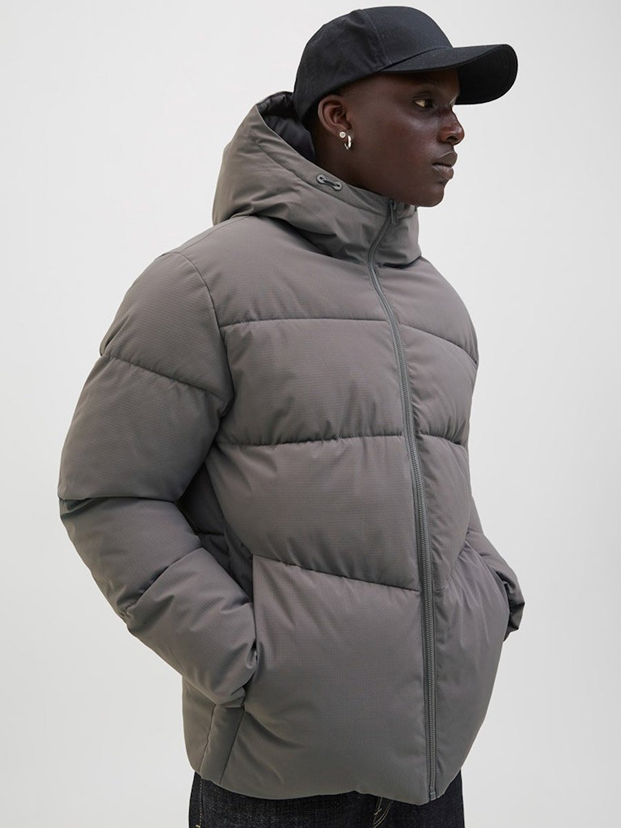 Grey Plain Puffer Jacket with Zip Closure