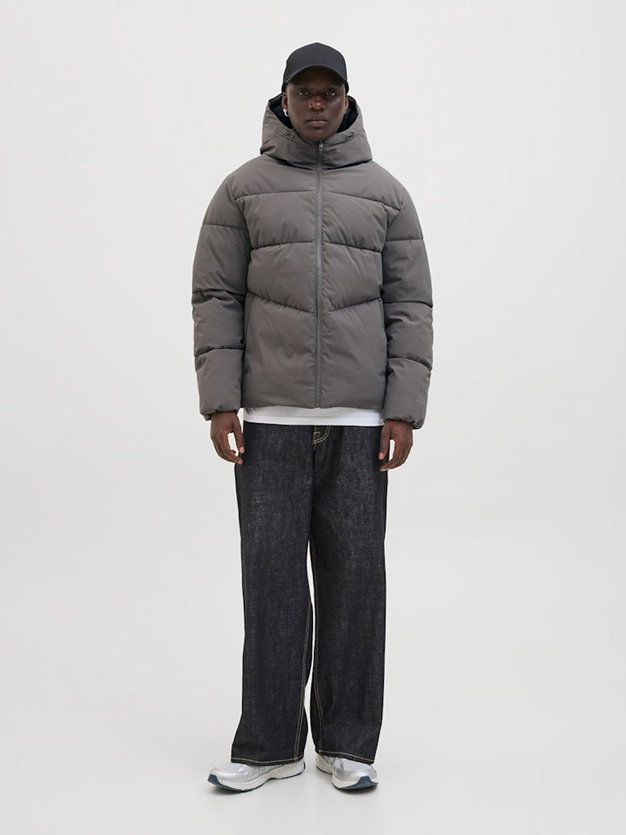 Grey Plain Puffer Jacket with Zip Closure