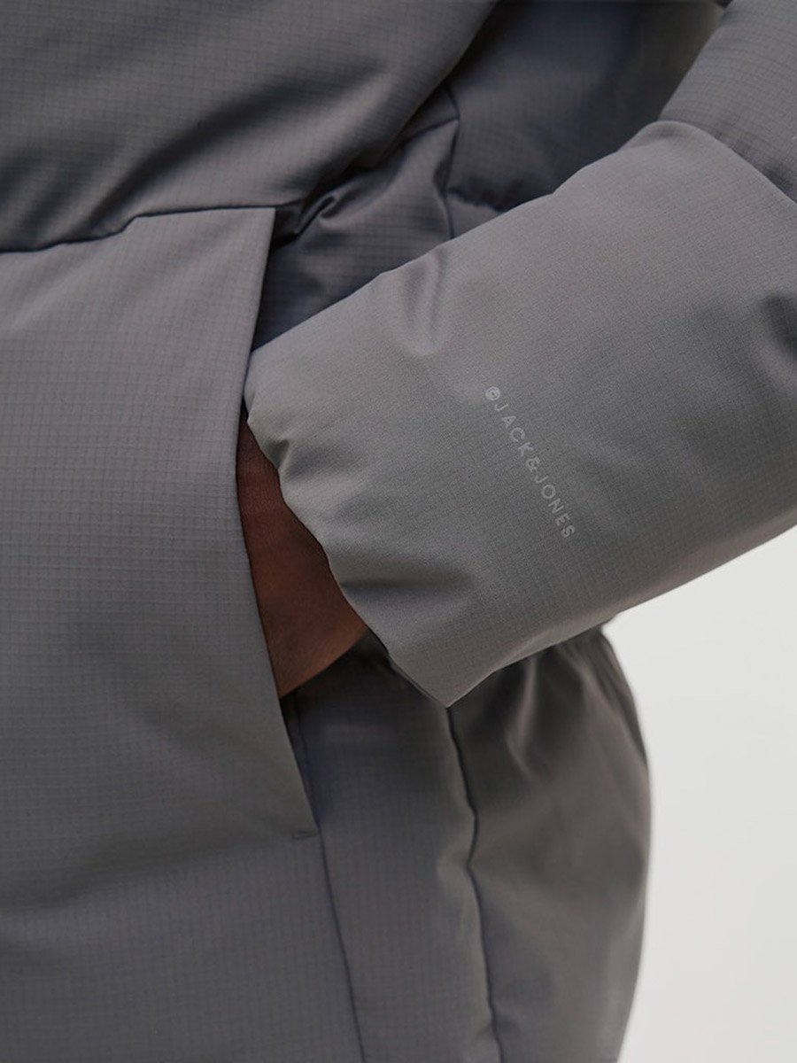 Grey Plain Puffer Jacket with Zip Closure