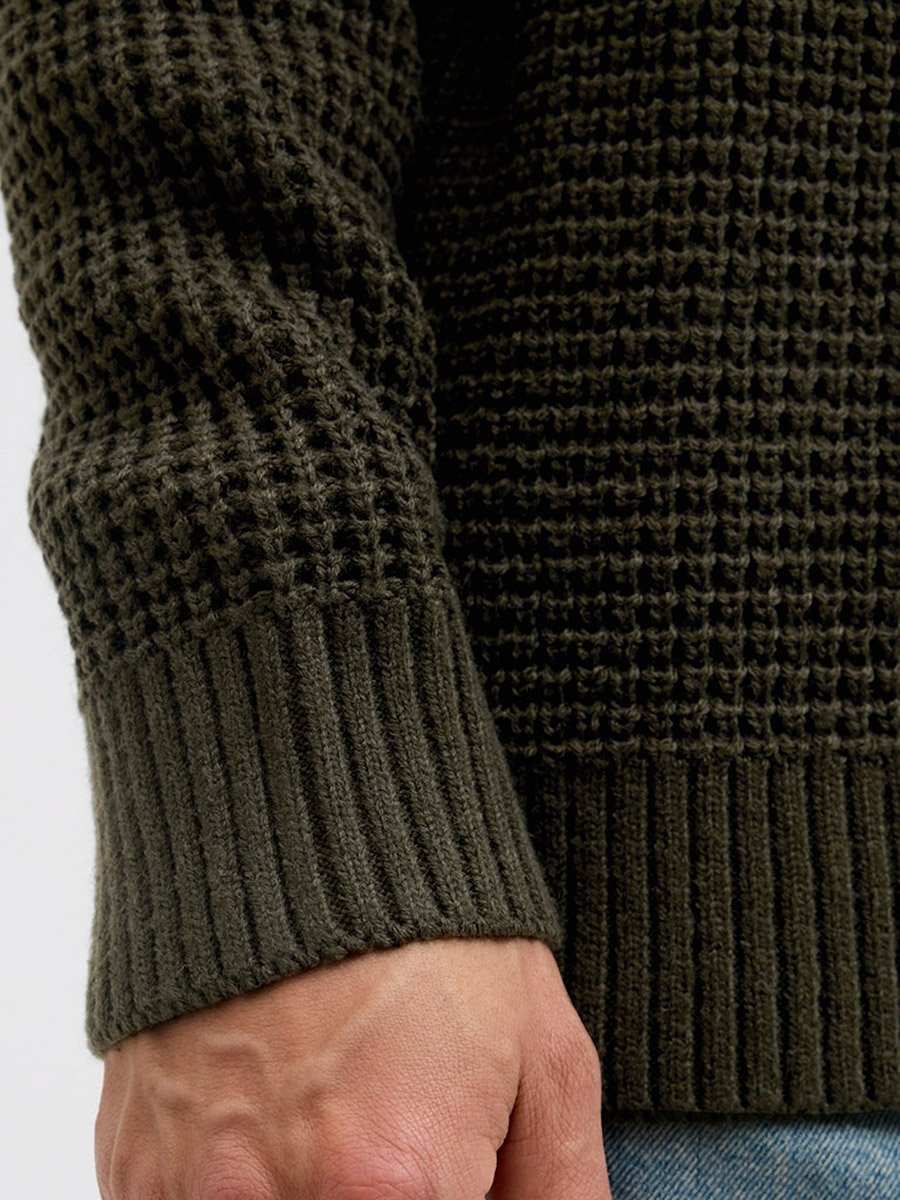 Dark Green Waffle Knit Crew Neck Sweater